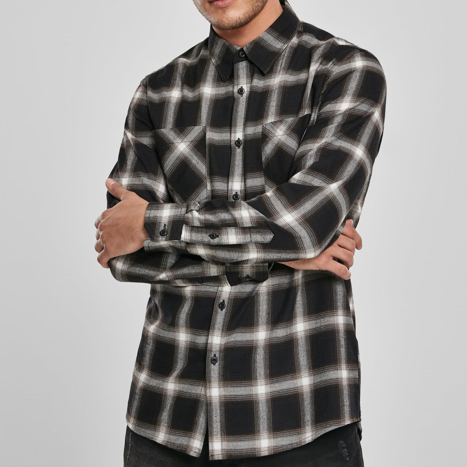 KAULUSPAITA - Checked Flanell Shirt BLACK/WHITE - URBAN CLASSICS