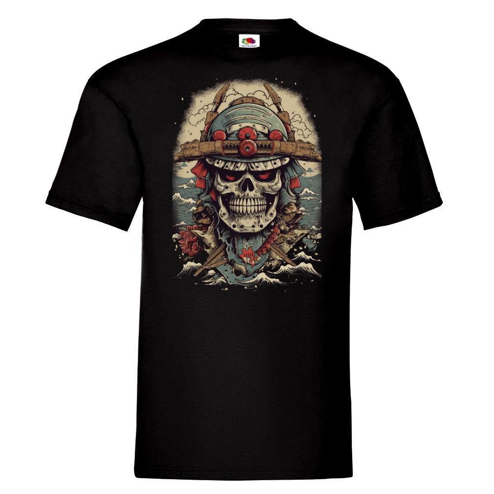 T-PAITA MUSTA - Cartoon Samurai helmet skull