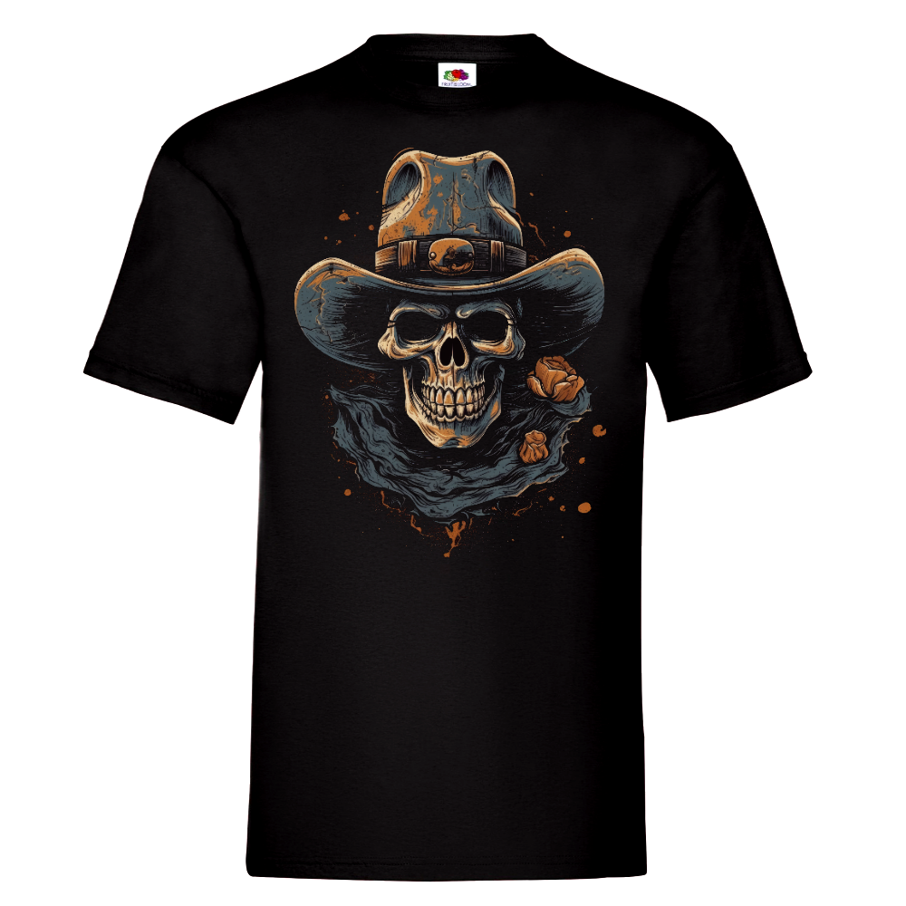 T-PAITA MUSTA - Cartoon Cowboy hat skull