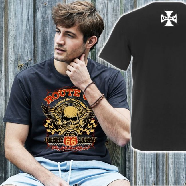 T-PAITA GREY BASIC TEE - RTE 66 SKULL CHECKERED FLAGS (520)