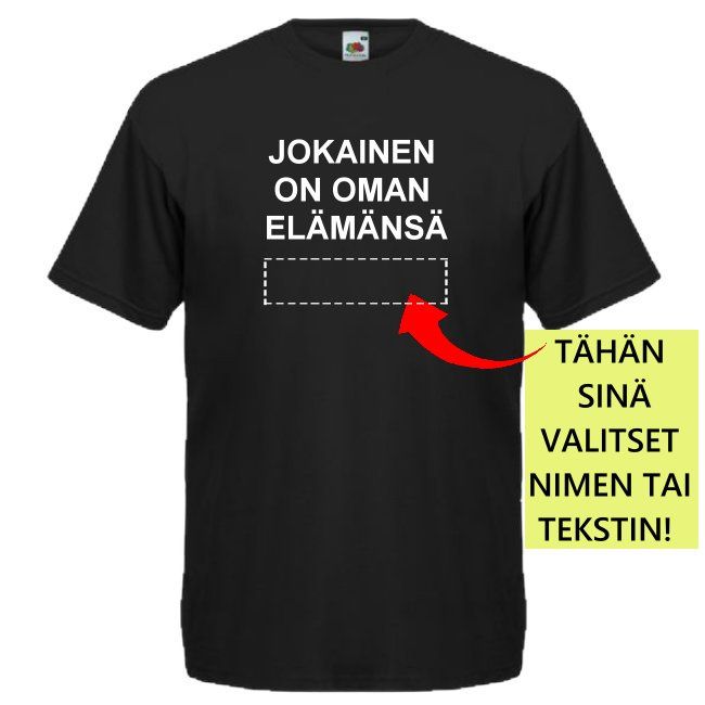 PERSONOITU T-PAITA JOKAINEN ON OMAN ELÄMÄNSÄ ......... musta