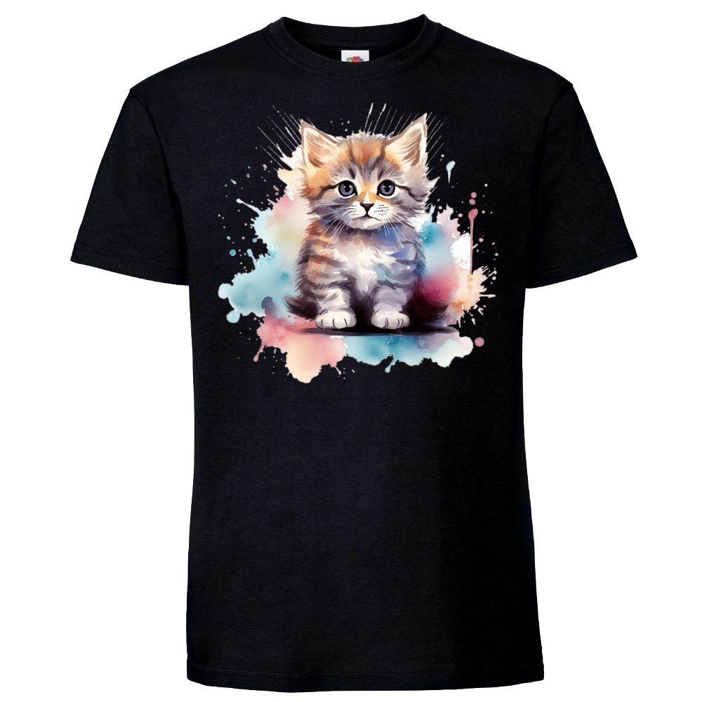 T-PAITA MUSTA - Cat watercolour