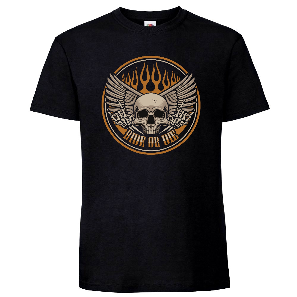 T-PAITA MUSTA - RIDE OR DIE FLAME SKULL